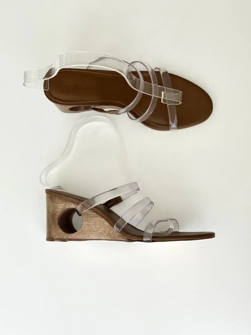 CULT GAIA Merced Strappy PVC Wooden Cutout Wedge Sandals in Clear/Brown Size 38